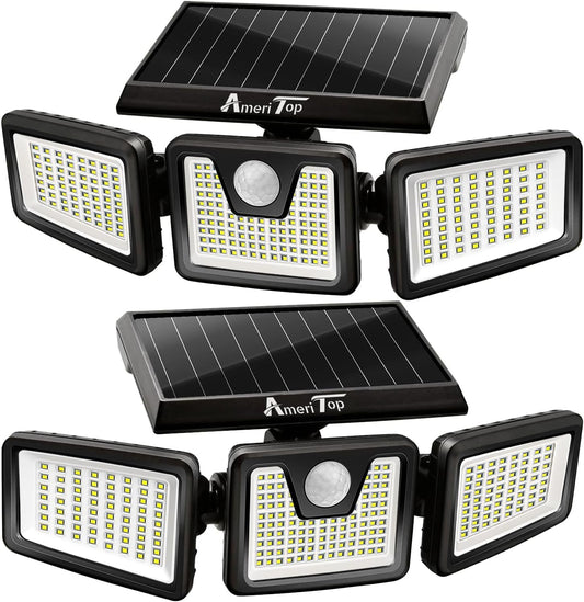 AmeriTop Solar Lights Outdoor, 2 Pack 233 High Brightness LED Cordless Solar Motion Sensor Lights; 3 Adjustable Heads, 270°Wide Angle Illumination, IP65 Waterproof, Security LED Flood Light(Daylight)